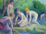 painting of a group of naked men bathing in a river