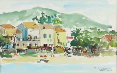 a watercolor painting of a small town by the water