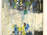 une peinture abstraite de fleurs bleues et vertes dans un cadre blanc