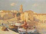 une peinture représentant un bateau dans l'eau à côté d'un bâtiment