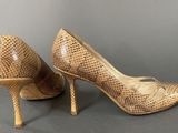 pair of women ' s tan snakeskin heels with a gold heel