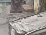 a painting of a man sitting in a chair next to a car