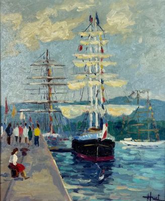 tableau représentant un tableau d'un bateau dans un port, avec des gens qui se promènent sur le quai