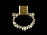 a close up of a gold and diamond ring on a black background