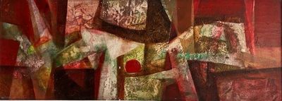 abstract painting of a man with a cross on a red background
