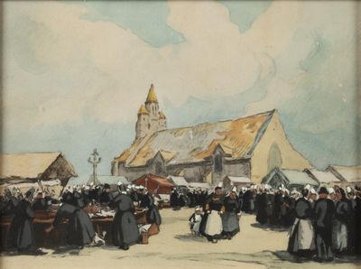 un tableau représentant un groupe de personnes debout devant une église