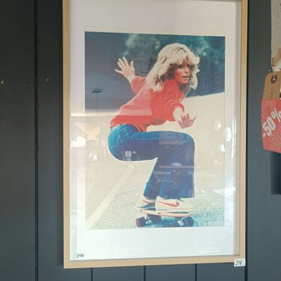 une photo d'une fille sur un skateboard accrochée au mur