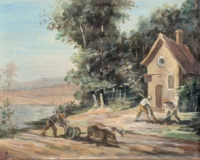un tableau représentant un homme en train de labourer un champ à côté d'une maison