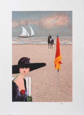 Ramon DILLEY (né en 1932) Elégante à Deauville Lithographie …