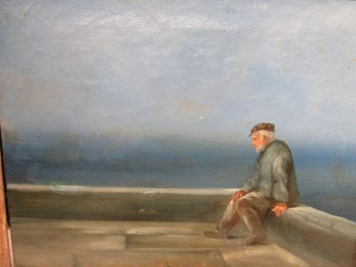 un tableau représentant un homme assis sur un rebord au bord de l'océan