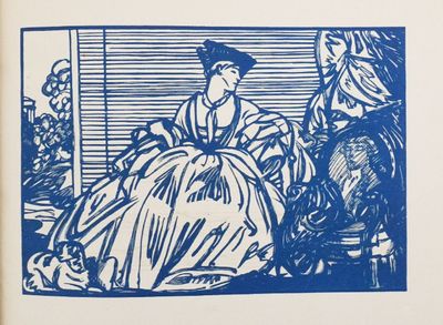 a blue and white drawing of a woman sitting on a couch