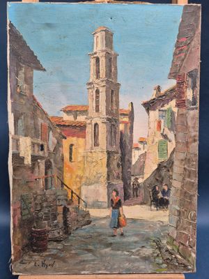une peinture à l'huile représentant une femme marchant dans une rue, avec une tour horloge en arrière-plan