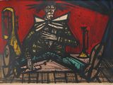 an image of a painting of a man sitting on the floor with a guitar