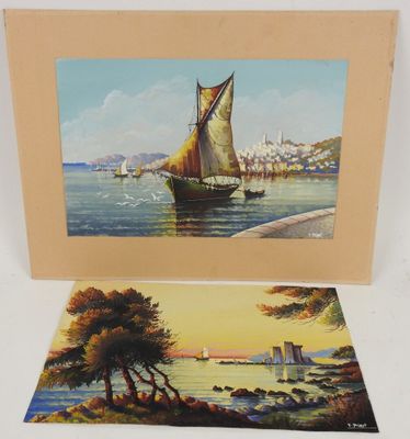 deux tableaux représentant des bateaux sur l'eau, avec une ville en arrière-plan