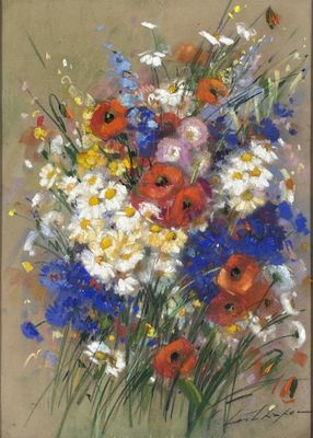 un tableau représentant un bouquet de fleurs dans un vase posé sur une table