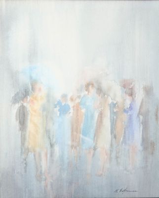 a painting of a group of people walking in the rain