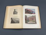 an open book with pictures of mountains and a river