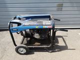 an image of a portable generator on wheels in front of a garage door