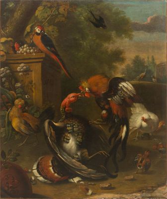 an image of a painting of birds and other birds in a wooded setting