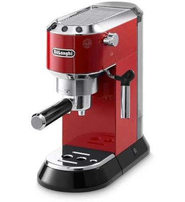 a close up of a red coffee machine on a white background