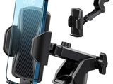 un gros plan d'un téléphone portable dans un support de voiture, sur fond blanc