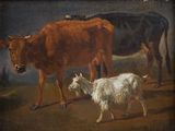 a painting of two cows and a goat in a field