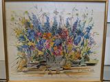 a painting of flowers in a vase on a table