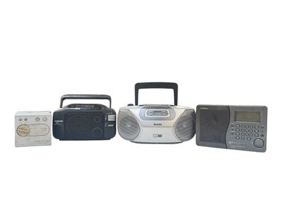 an image of a group of electronic items including a radio, cassette player, and radio cassette recorder