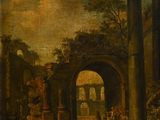 un tableau représentant un paysage avec des ruines et des personnages au premier plan