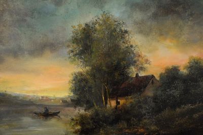 painting of a boat on a river at sunset with a house in the distance