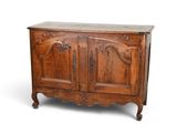 an old wooden cabinet with a marble top on a white background