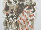 drawing of a group of people with a dog and a cat