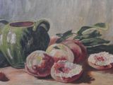 a painting of a pitcher and some fruit on a table