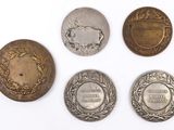 six medals of different sizes and shapes are displayed on a white surface
