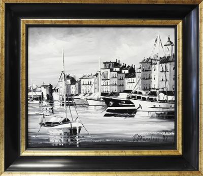 black and white painting of boats in a harbor with buildings in the background