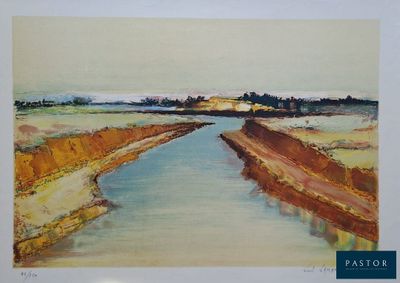 une image représentant un tableau d'une rivière dans un champ