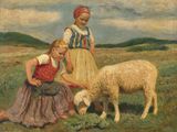 painting of two young girls feeding a sheep in a field