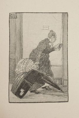 a black and white drawing of a woman pulling a suitcase