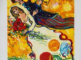 un tableau représentant une femme tenant un bouquet de fleurs