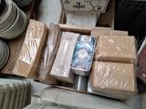 boxes of assorted items are stacked on top of each other