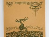 a brown book with a drawing of a woman on a wave