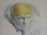 painting of a man with a yellow hat on his head