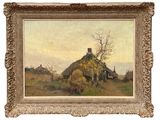 an image of a painting of a man on a horse in a field with a house in the background