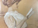 a painting of a woman sitting on a couch reading a book