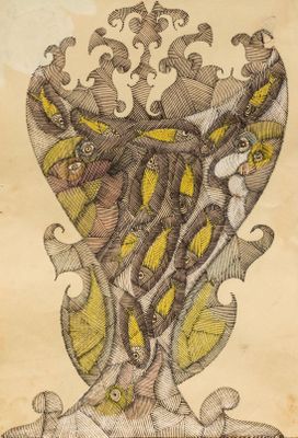 an old drawing of a vase with a snake on top of it