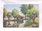 une image d'une peinture d'une maison au bord de l'eau