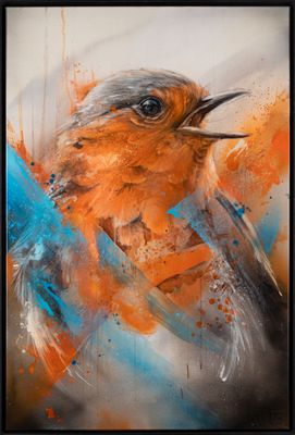 an image of a painting of a bird with orange and blue colors