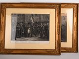 two framed pictures of a group of people standing in front of a building