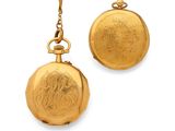 two gold - plated pocket watches with a chain on a white background