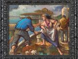 an oil painting of a man and a woman on a boat